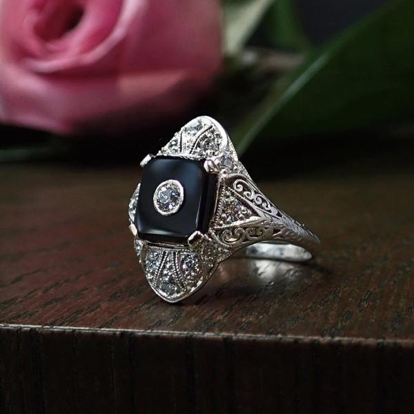 Art Deco onyx and diamond filigree engagement ring from Doyle & Doyle in New York