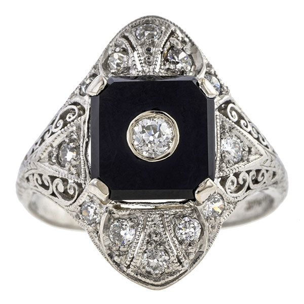 Art Deco Diamond & Onyx Filigree Dinner Ring