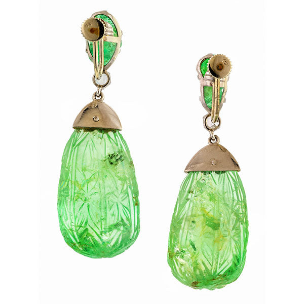 Art Deco Carved Emerald & Diamond Earrings