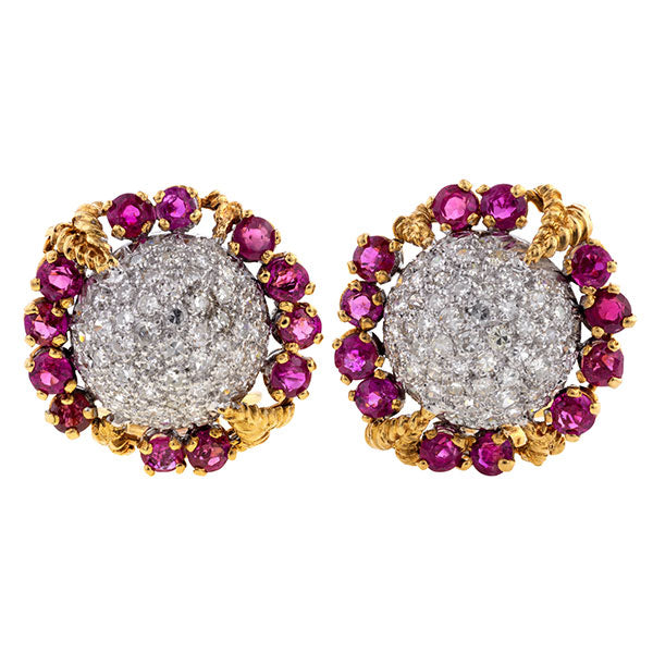 Vintage Pave Diamond & Ruby Cluster Earrings