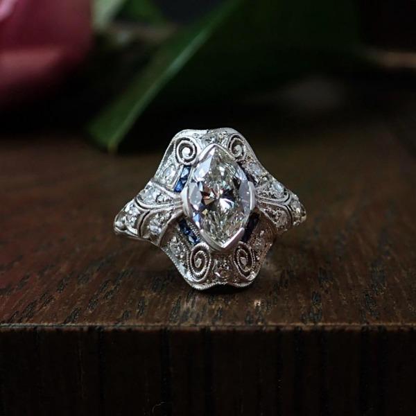 Art Deco Engagement Ring, Marquise Diamond, sold by Doyle & Doyle an antique and vintage jewelry store.