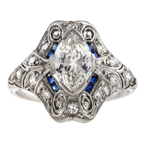Art Deco Engagement Ring, Marquise Diamond, sold by Doyle & Doyle an antique and vintage jewelry store.