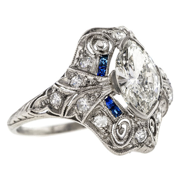 Art Deco Diamond Engagement Ring, Marquise, sold by Doyle & Doyle an antique and vintage jewelry store.