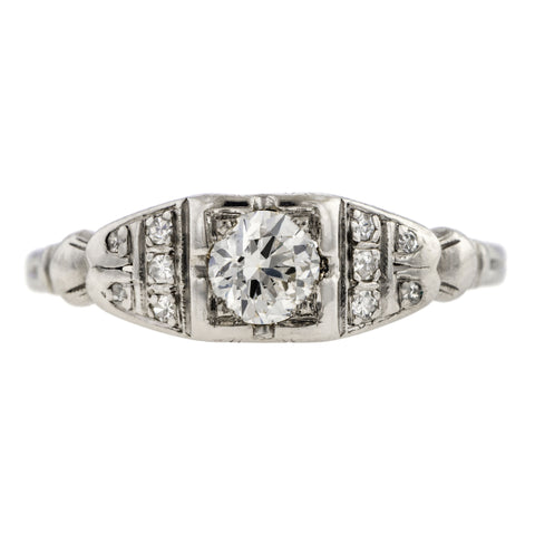 Art Deco ring; a Platinum Round Brilliant Cut Diamond Engagement Ring sold by Doyle & Doyle vintage and antique jewelry boutique.