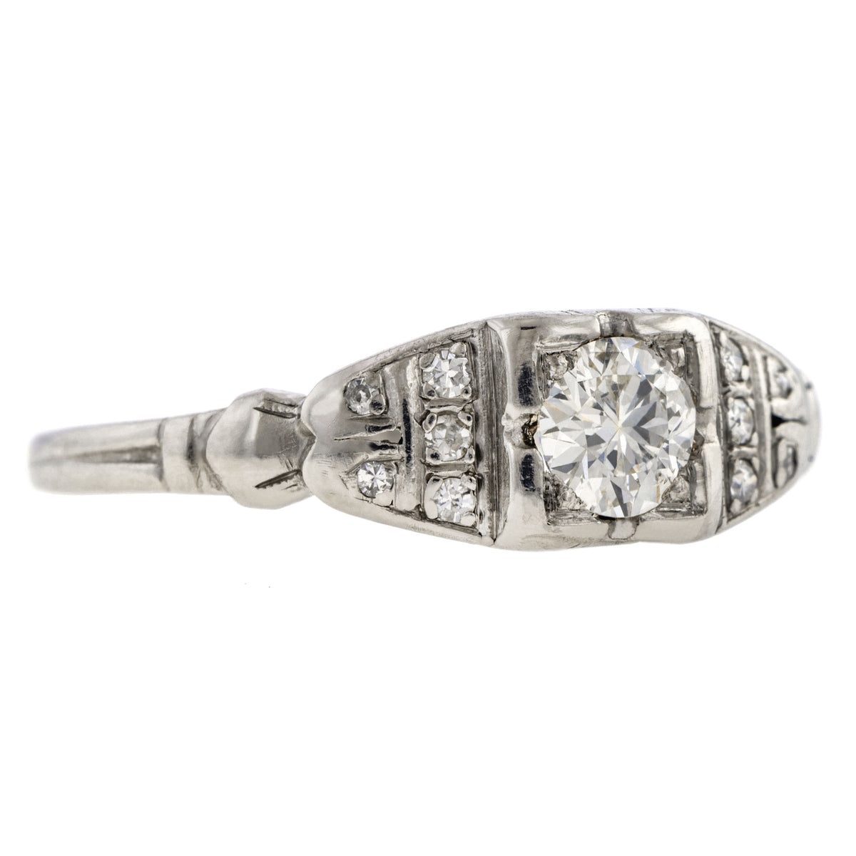 Art Deco ring; a Platinum Round Brilliant Cut Diamond Engagement Ring sold by Doyle & Doyle vintage and antique jewelry boutique.