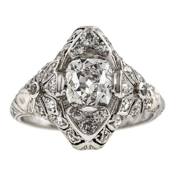 Art Deco Diamond Navette Ring, Cushion 1.32ct