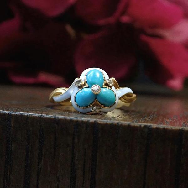 Antique turquoise enamel and diamond trefoil ring Doyle & Doyle 107650R
