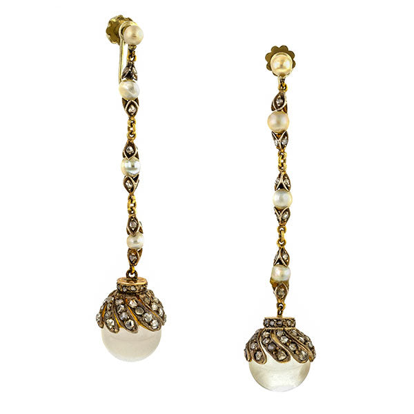 Victorian Moonstone, Natural Pearl & Rose Cut Diamond Drop Earrings
