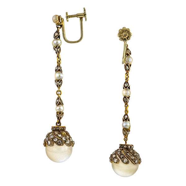 Victorian Moonstone, Natural Pearl & Rose Cut Diamond Drop Earrings