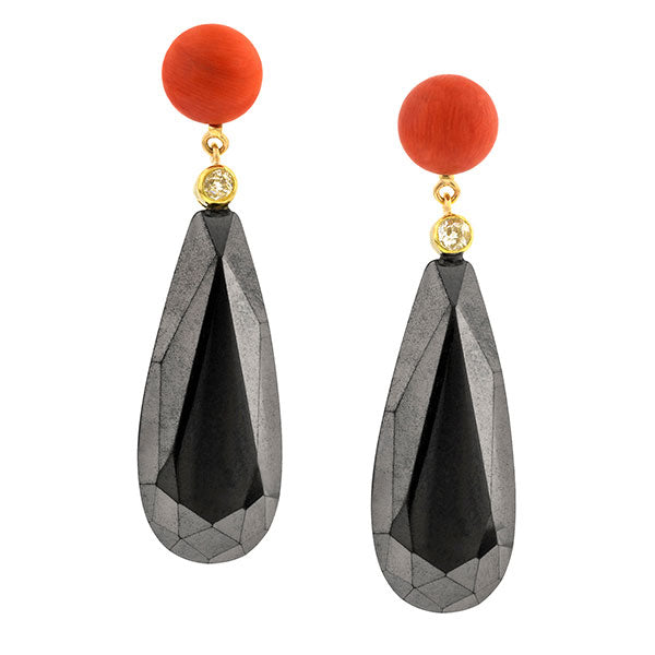 Coral, Diamond & Hematite Earrings