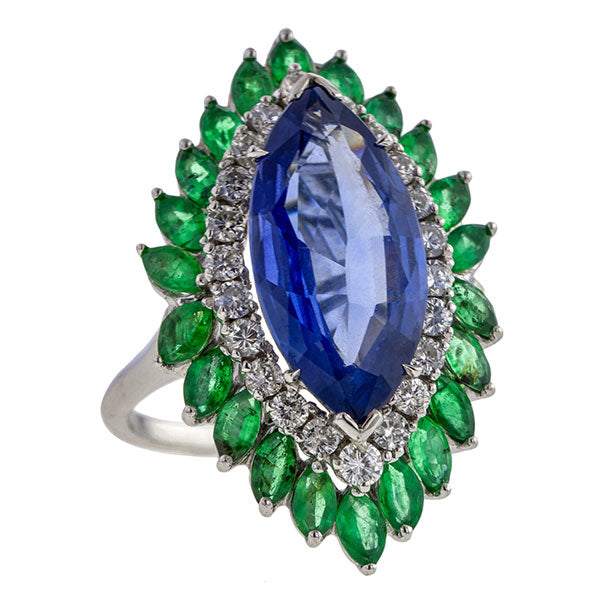 Vintage Sapphire, Diamond & Emerald Ring