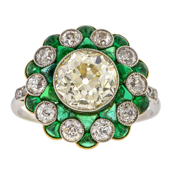Art Deco Engagement Ring, Old European Cut Diamond & Emerald, sold by Doyle & Doyle an antique and vintage jewelry store.