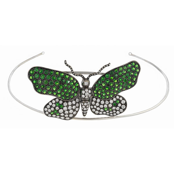 Estate Tsavorite Garnet & Diamond Butterfly Brooch