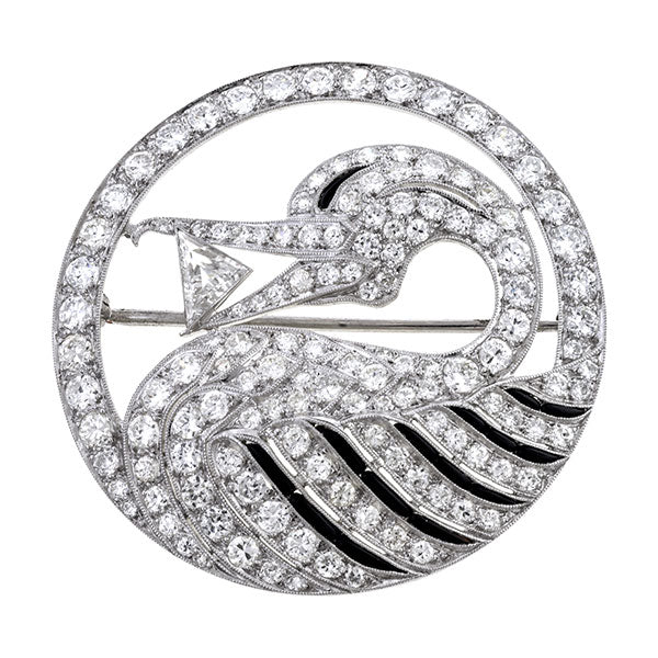 Art Deco Diamond & Onyx Swan Brooch