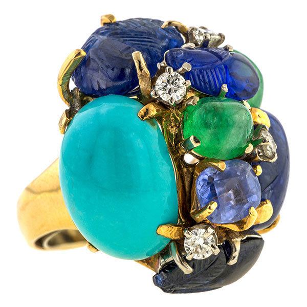 Vintage Seaman Schepps Sapphire, Emerald & Turquoise Cluster Ring