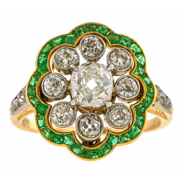 Edwardian Diamond Cluster Emerald Frame Ring
