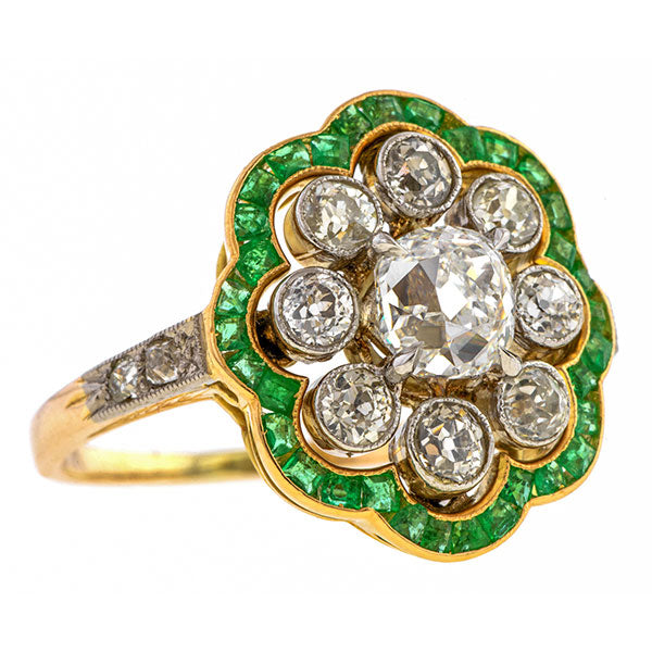 Edwardian Diamond Cluster Emerald Frame Ring