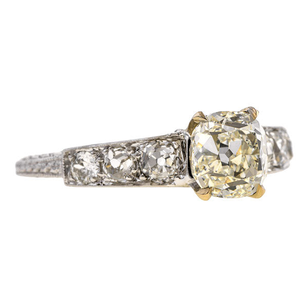 Vintage ring: a Platinum Engagement Ring, Cushion Cut 1.12ct., sold by Doyle & Doyle a vintage and antique jewelry boutique. 