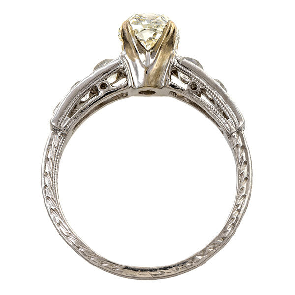 Vintage ring: a Platinum Engagement Ring, Cushion Cut 1.12ct., sold by Doyle & Doyle a vintage and antique jewelry boutique. 