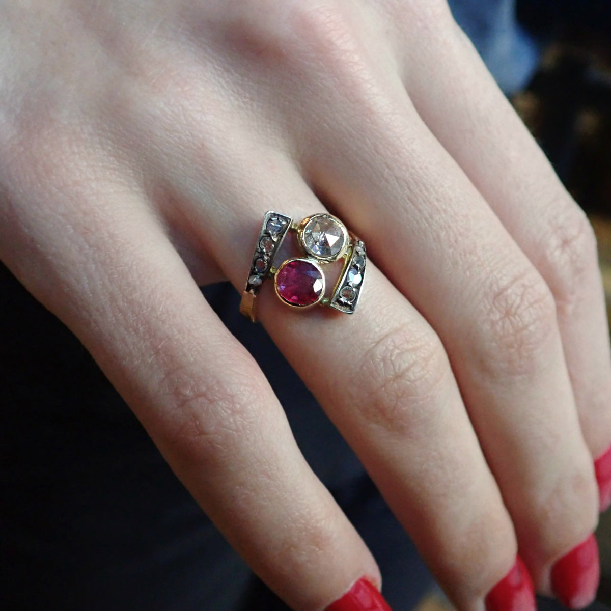 Antique Ruby &  Rose Cut Twin Stone Ring
