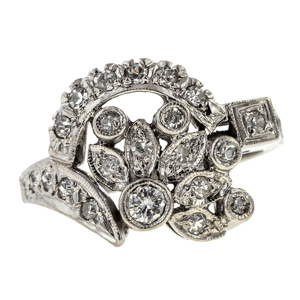 Vintage Foliate Motif Diamond Ring sold by Doyle & Doyle an antique and vintage jewelry store.