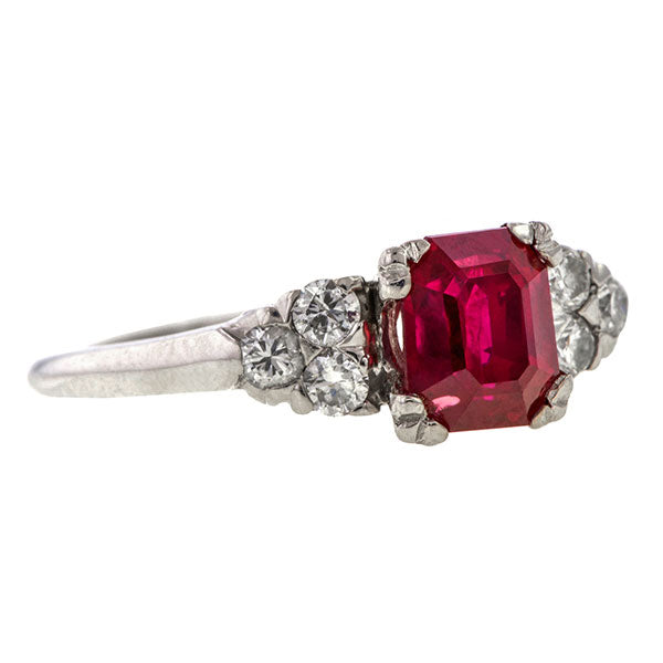 Estate ring: a Platinum Ruby And Diamond Engagement Ring sold by Doyle & Doyle vintage and antique jewelry boutique.