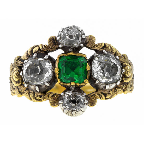 Georgian ring: a Yellow Gold Emerald Cut Emerald And Old MIne Cut Diamond Ring sold by Doyle & Doyle vintage and antique jewelry boutique.