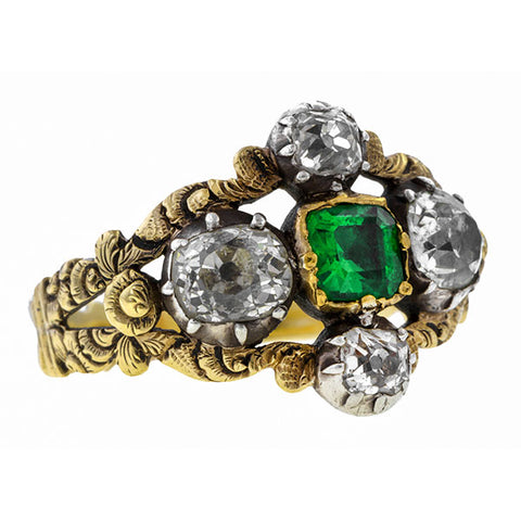Georgian ring: a Yellow Gold Emerald Cut Emerald And Old MIne Cut Diamond Ring sold by Doyle & Doyle vintage and antique jewelry boutique.