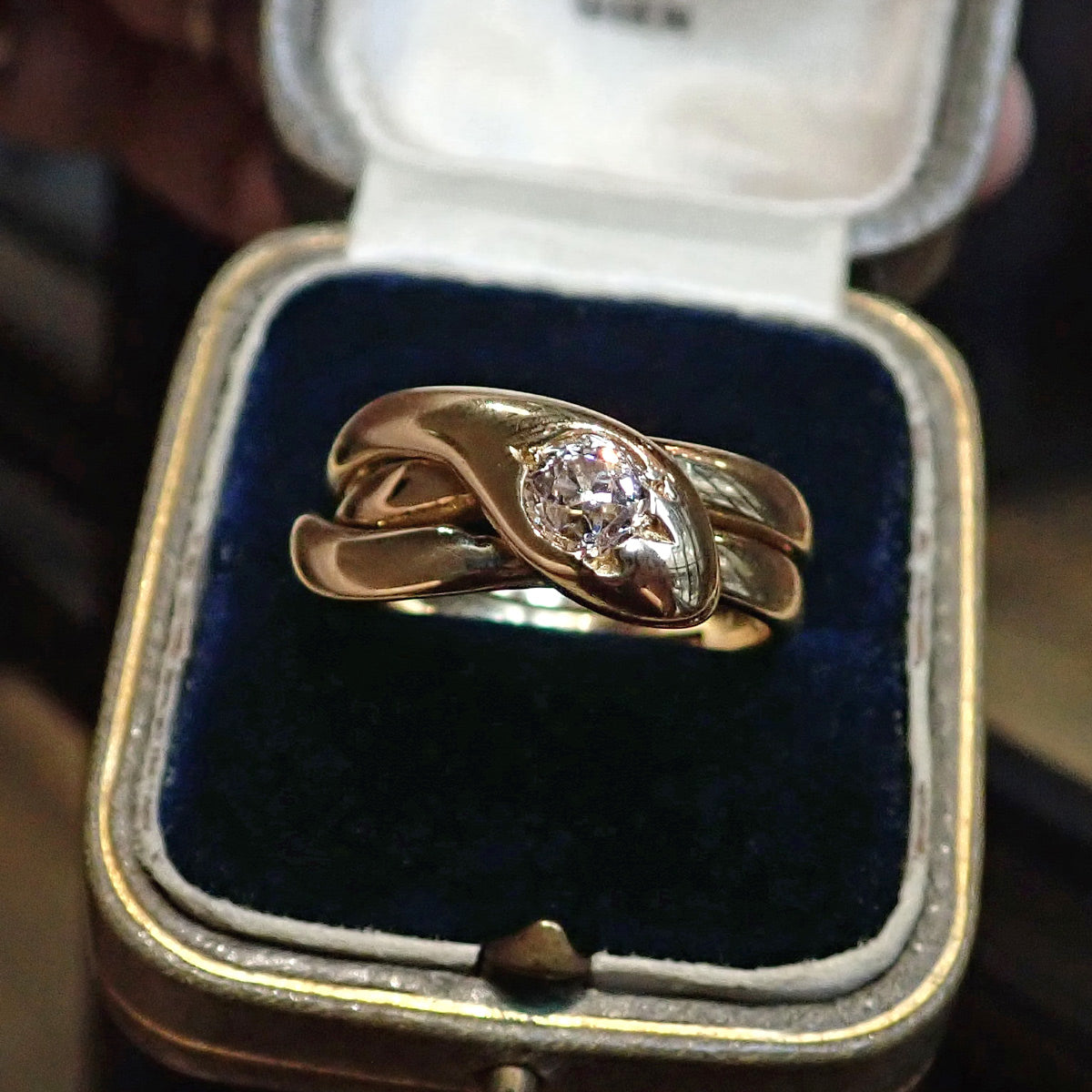 Victorian ring: a Yellow Gold Snake Old European Diamond Engagement ring sold by Doyle & Doyle a vintage and antique jewelry store.