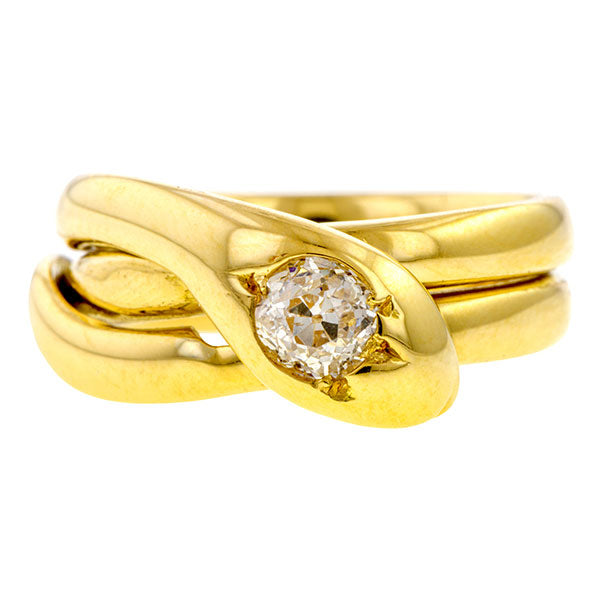 Victorian ring: a Yellow Gold Snake Old European Diamond Engagement ring sold by Doyle & Doyle a vintage and antique jewelry store.