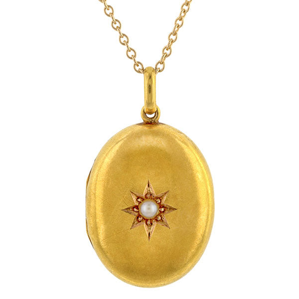 Victorian locket: a 15k Yellow Gold Pearl And Engraved with Star Locket Pendant sold by Doyle & Doyle vintage and antique jewelry boutique.