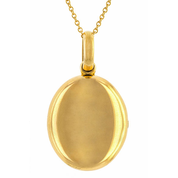 Victorian locket: 18k Yellow Gold Oval Locket Pendant Necklace With Original Girl Picture And Lock of Hair sold by Doyle & Doyle vintage and antique jewelry boutique.