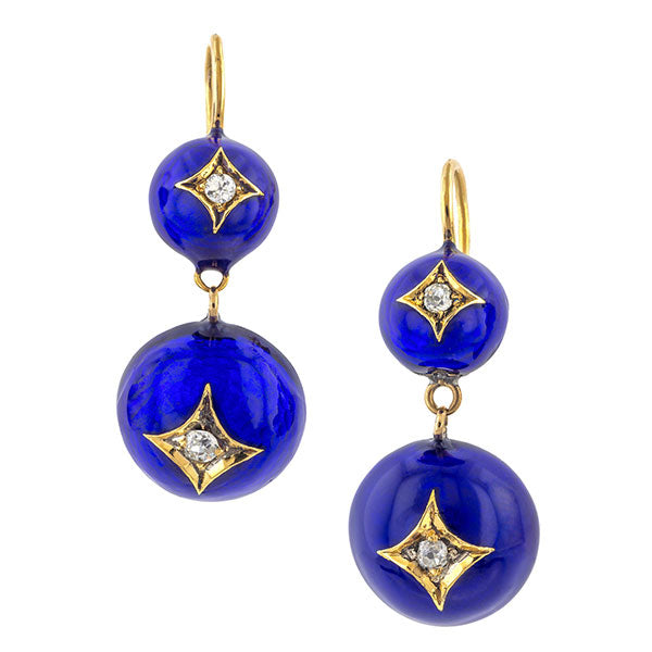 Victorian Diamond & Blue Enamel Drop Earrings