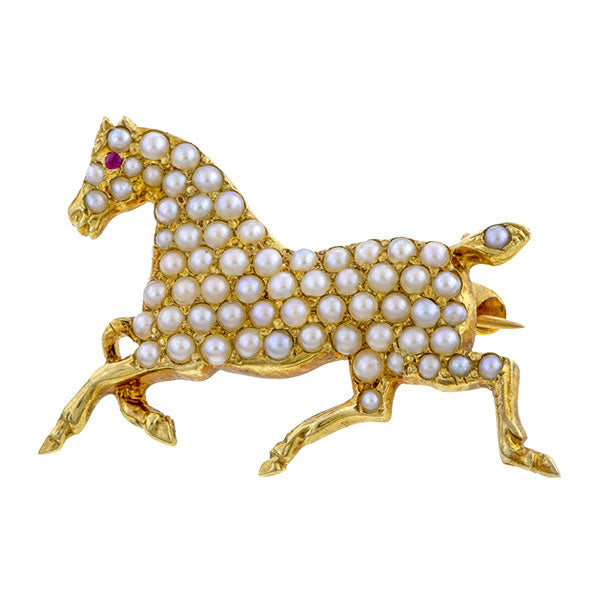 Edwardian Horse Pin, A Seed Pearl and Yellow Gold Brooch,sold by Doyle & Doyle vintage and antique jewelry boutique.