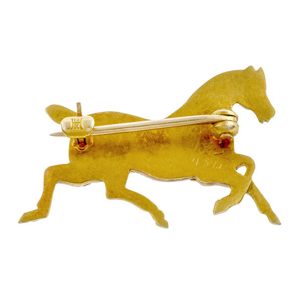 Edwardian Horse Pin, A Seed Pearl and Yellow Gold Brooch, sold by Doyle & Doyle vintage and antique jewelry boutique.