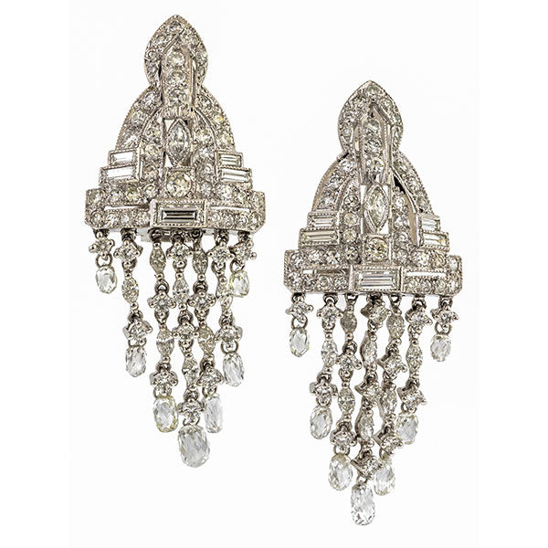 Art Deco Diamond Drop Earrings, a pair of platinum diamond earrings, fashioned in platinum, sold by Doyle & Doyle vintage and antique jewelry boutique.
