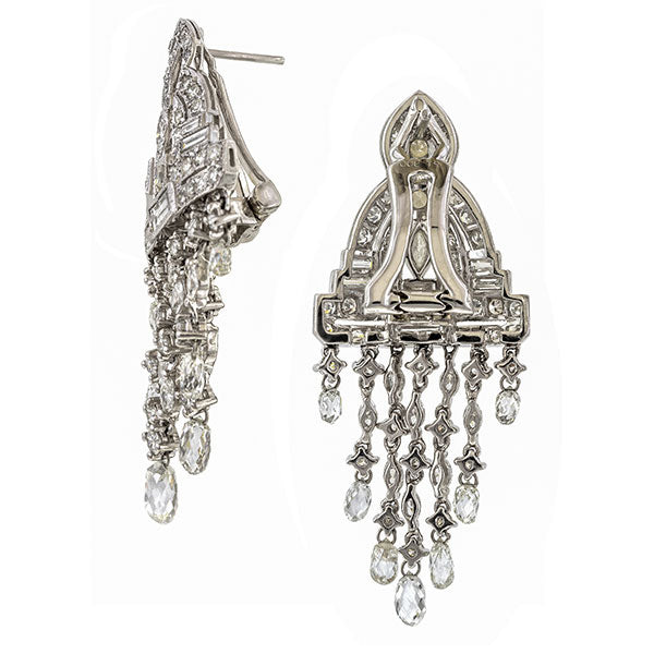 Art Deco Diamond Drop Earrings, a pair of platinum diamond earrings, fashioned in platinum, sold by Doyle & Doyle vintage and antique jewelry boutique.