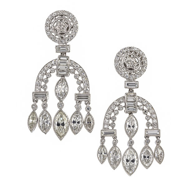 Art Deco earrings: a Platinum Drop Earrings with Single, Baguette and Marquise Cut Diamonds sold by Doyle & Doyle vintage and antique jewelry boutique