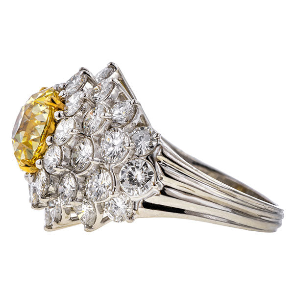 Vintage ring: a Platinum Yellow Diamond Cluster Ring, Old European cut 3.03ct. Cut Engagement Ring sold by Doyle & Doyle a vintage and antique jewelry boutique.