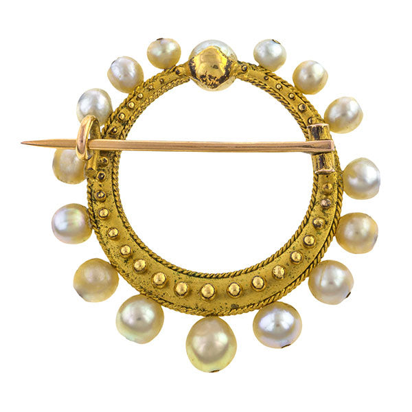 Victorian brooches: a Circular Yellow Gold Etruscan Revival Pearl Pin sold by Doyle & Doyle vintage and antique jewelry boutique.