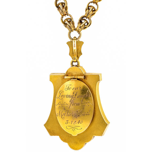 Victorian Necklace: a 10k Yellow Gold Etruscan Revival Locket On A Long Chain sold by Doyle & Doyle vintage and antique jewelry boutique.