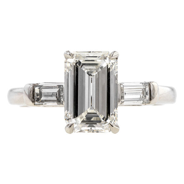 Estate ring: a Platinum Emerald Cut Diamond 1.73ct Engagement Ring sold by Doyle & Doyle vintage and antique jewelry boutique.