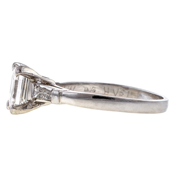 Estate ring: a Platinum Engagement Ring,  Emerald Cut, sold by Doyle & Doyle vintage and antique jewelry boutique.