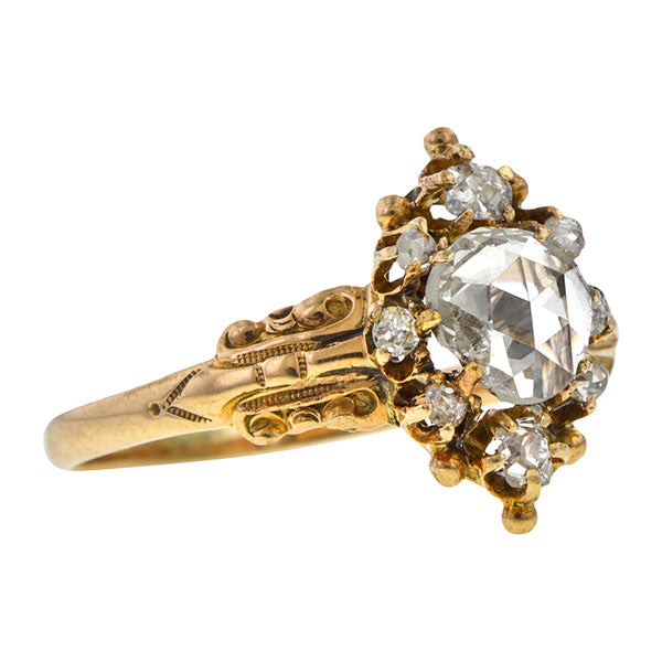 Victorian ring: a 12k Yellow Gold Engagement Ring With Rose Cut And Old Mine Cut Diamonds sold by Doyle & Doyle vintage and antique jewelry boutique. 
