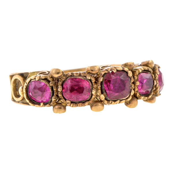 Antique ring: a Yellow Gold With Five Rubies Engagement Ring sold by Doyle & Doyle vintage and antique jewelry boutique.