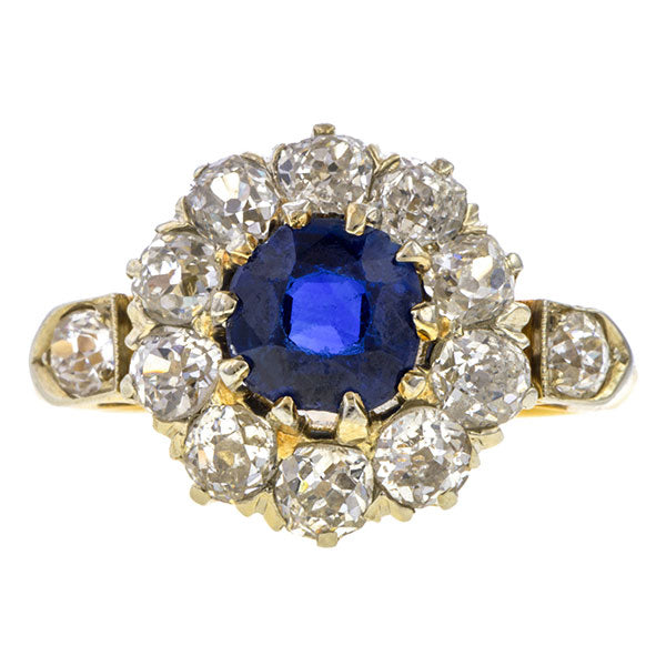 Antique ring: a Yellow Gold Cushion Cut Sapphire With Old European Cut And Old Mine Cut Diamond Ring sold by Doyle & Doyle vintage and antique jewelry boutique.