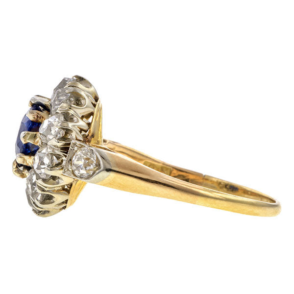 Antique ring: a Yellow Gold Cushion Cut Sapphire With Old European Cut And Old Mine Cut Diamond Ring sold by Doyle & Doyle vintage and antique jewelry boutique.