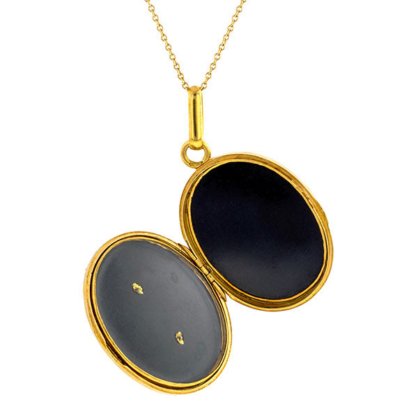 Antique necklace: a Yellow Gold Onyx And Pearl Pendant sold by Doyle & Doyle vintage and antique jewelry boutique.