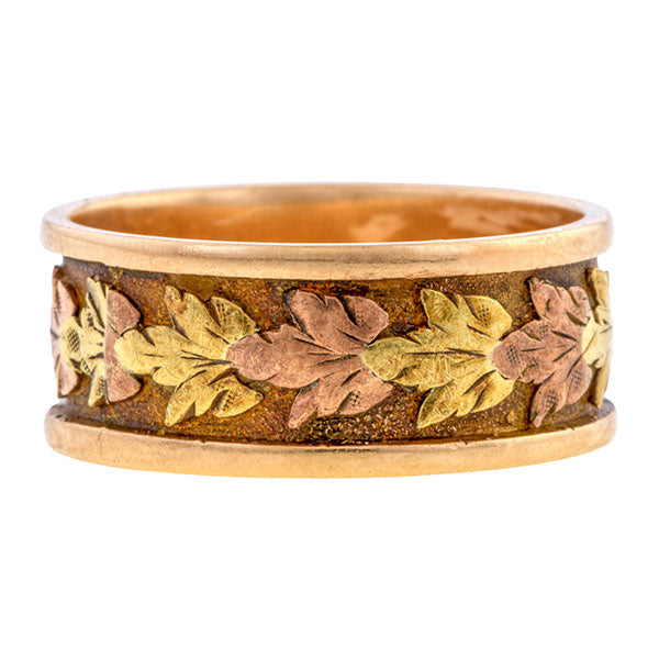 Victorian ring: a Rose Gold Foliate With Green And Yellow Gold Leaves Wedding Band sold by Doyle & Doyle vintage and antique jewelry boutique. 