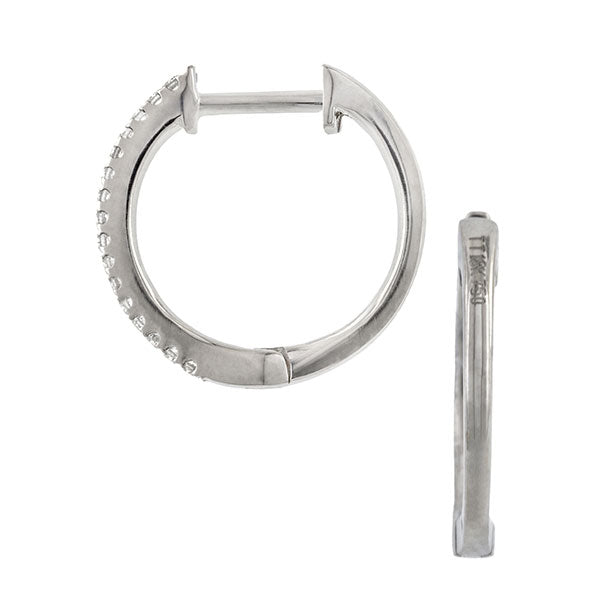 Contemporary earrings: a White Gold Round Brilliant Cut Hoop Earrings sold by Doyle & Doyle vintage and antique jewelry boutique.